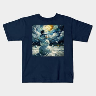 Snowman in a Starry Night Vista - Van Gogh-Inspired Winter Art Kids T-Shirt